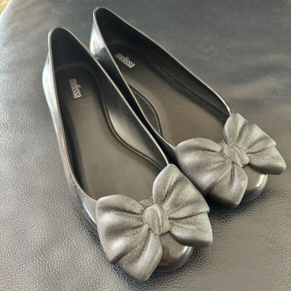 Melissa Shoes - Melissa Sweet Love V Bow Ballet Flats Black/Black PVC Jelly